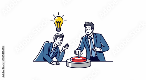 Two businessmen with a bright idea and a big red button
