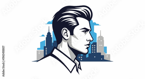 Stylized profile portrait of a man with sharp features against city skyline