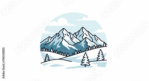 Stylized winter mountain landscape with snow, trees, and clouds in a flat design