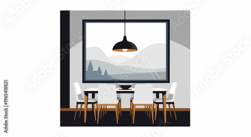 Modern dining area with a large window displaying a serene landscape