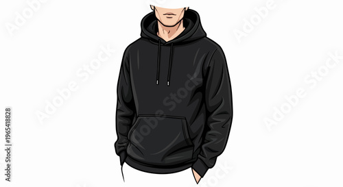 Man wearing a black hooded sweatshirt with hands in pockets