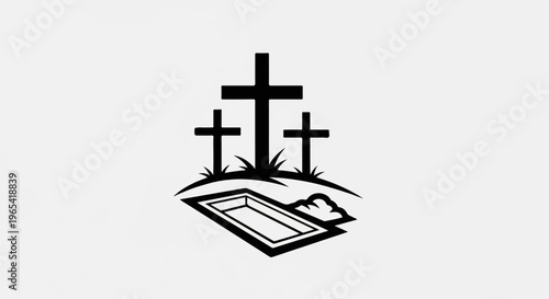 Three crosses stand over an open grave with a coffin
