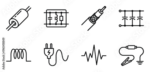 Electronic components and electrical circuit symbols including inductor plug and signal wave icons