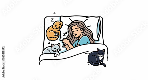 Person sleeping in bed with three pets curled up around them, all asleep