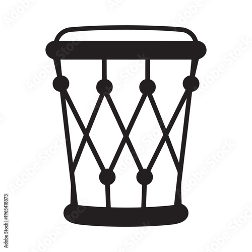 A simple black silhouette of a traditional hand drum with detailed lattice work