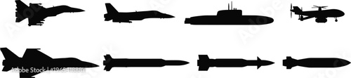 Black silhouette set of military aircraft, fighter jets, submarine, drone, and missiles for tactical warfare, defense systems, and combat design.
