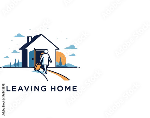 Person with suitcase walks away from an open door, leaving house at sunset