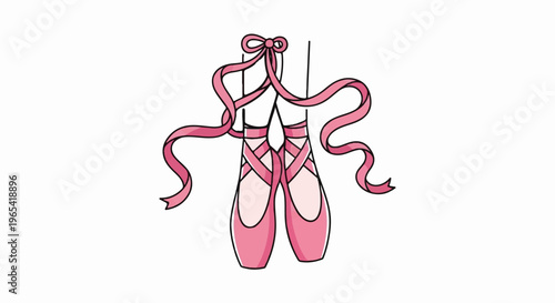 Two pink ballet shoes tied with ribbons, illustrated on white