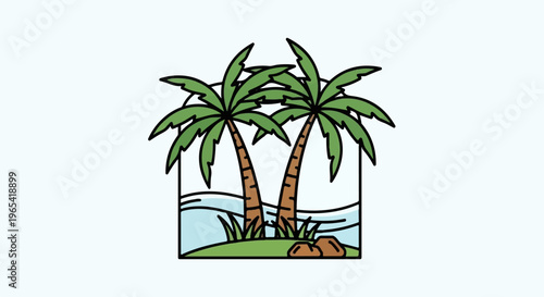 Two palm trees stand on an island with a shoreline and rocks