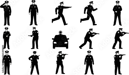 Silhouettes of police officers in various poses and a police car