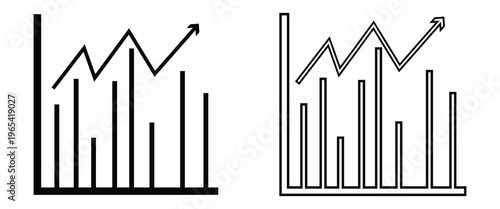 Black and White Line Art Bar Chart and Upward Graph Icons Representing Financial Growth, Business Analytics, Data Progress, and Statistical Economic Success.