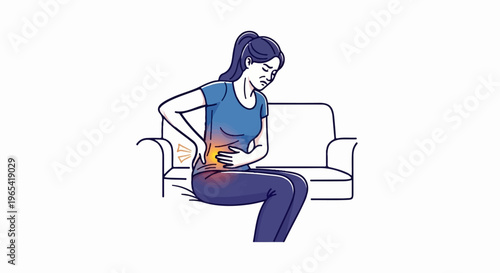 Woman with back pain sits on a couch, clutching her side with a pained expression