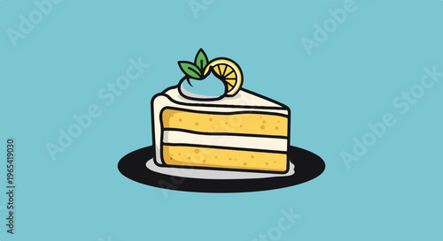 Slice of yellow cake with white frosting, blue topping, and lemon garnish