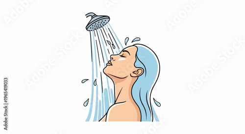 Woman with light blue hair enjoying a refreshing shower, water drops flying