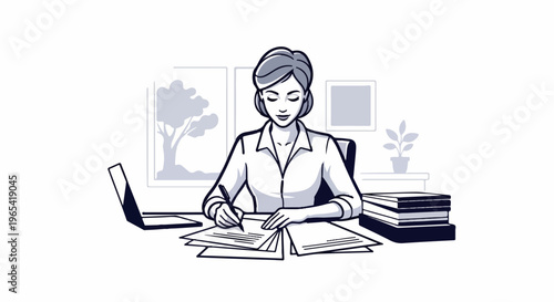 Woman working at desk with laptop, papers, and books