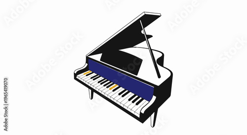 Stylized black grand piano with blue accent and yellow highlights on keys