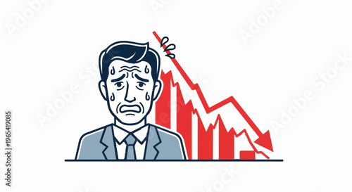 Stressed businessman with falling graph in background