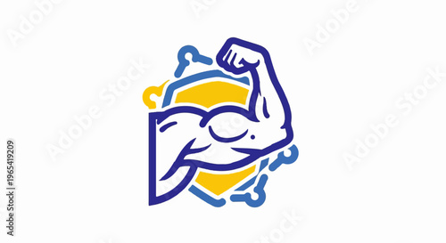 Stylized muscular arm flexing, set against a yellow and blue abstract shape