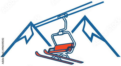 Stylized ski lift chair with skis attached, set against mountains