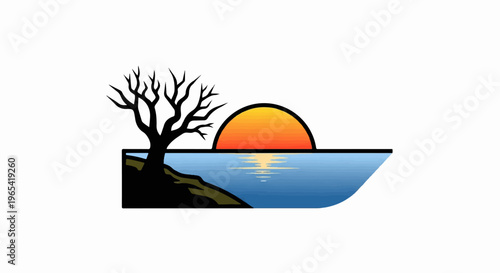 Stylized sunset over calm water with a bare tree on a dark shore