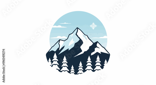 Stylized winter mountain landscape with snowy peaks, evergreens, and snowflake
