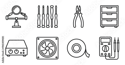 Electronics repair workshop tools set including multimeter soldering station fan and hand tool icons