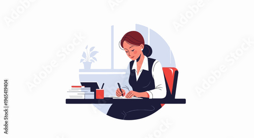 Woman writing at desk with books and plant