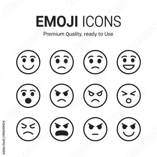 Collection of black and white emoji icons displaying various facial expressions