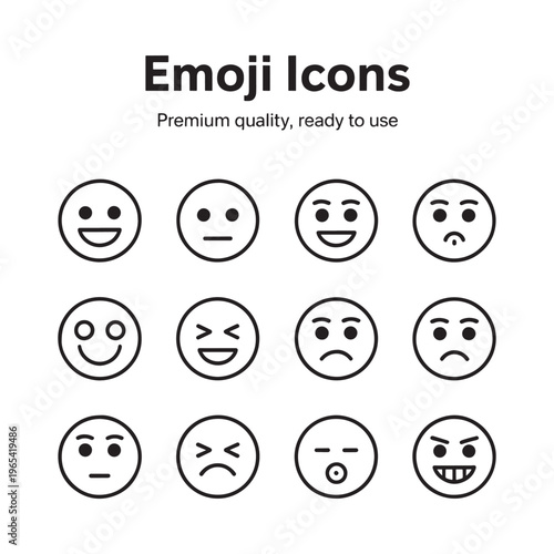 A collection of black and white line art emoji icons depicting various facial expressions