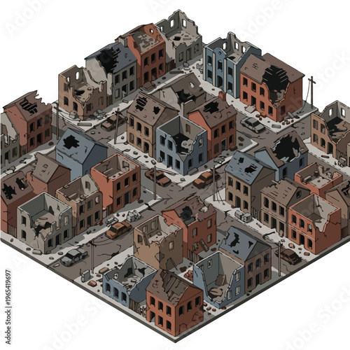 vector isometric of badly damaged buildings after the war 02