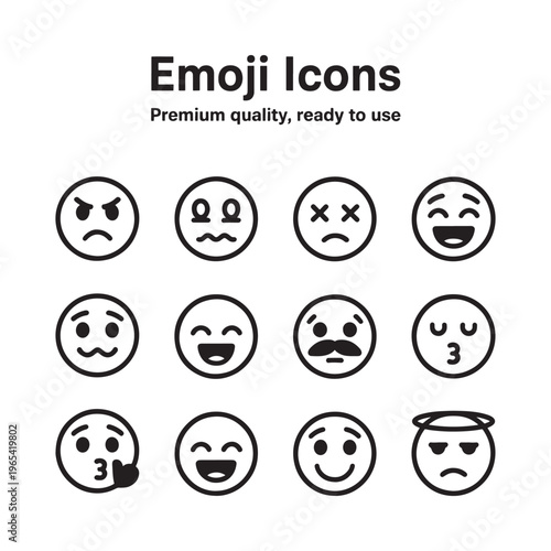 Collection of black and white emoji icons displaying various facial expressions