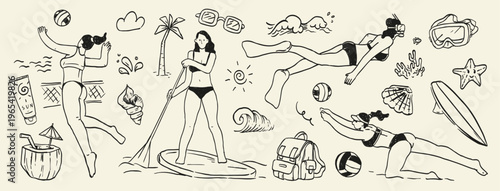 Ssummer beach activities doodle set with people swimming, surfing, playing volleyball and paddle boarding. Perfect for active vacation, ocean lifestyle and sports design.
