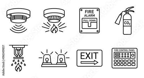 Fire safety equipment including smoke detectors, alarm, extinguisher and exit sign