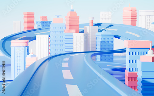 Obraz na płótnie Cartoon buildings and urban roads, highway, speedway, 3d rendering