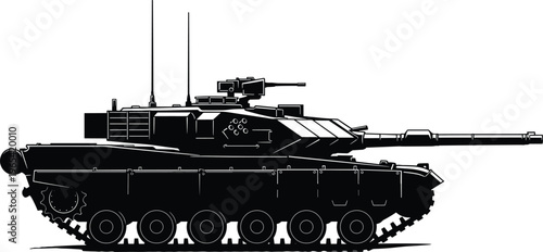 Detailed black and white vector silhouette of a modern main battle tank with armored turret and cannon for military warfare design.