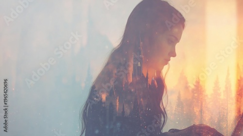 Woman working on a laptop in a forest with sunlight in the background