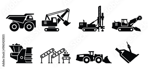 Industrial heavy duty construction equipment icons set truck excavator drill mining machine
