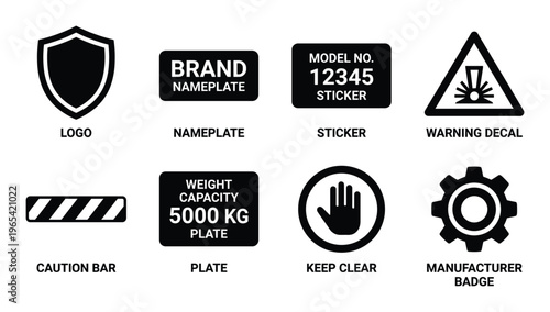 Industrial identification sign icons featuring logo shield nameplate sticker and warning decal set