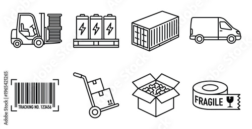 Logistics and shipping icons collection including forklift warehouse container van and barcode symbol