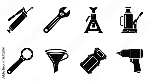 Mechanic tools set featuring a grease gun, adjustable wrench, jack stand, hydraulic jack