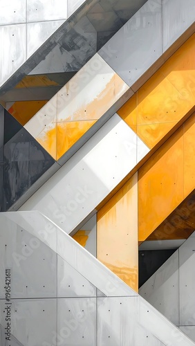 A modern staircase with industrial concrete and yellow accents