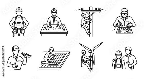 Outline icons of construction workers and engineers with renewable energy sources