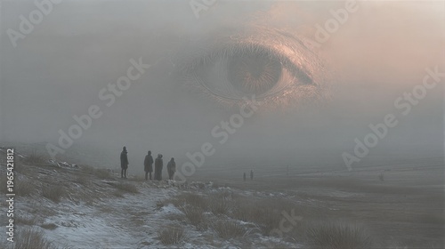 Giant human eye appearing in the sky above a group of man and woman standing on a snowy hill. Surreal landscape representing observation, mystery, surveillance and the unknown concept.