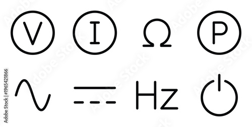 Outline icons of electrical measurement units and symbols for science and engineering