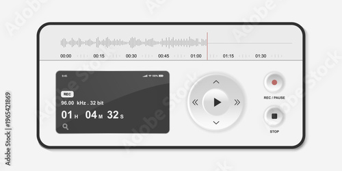 Modern audio recorder app interface set in neumorphism style with sound waveform, digital display, and sleek control buttons.