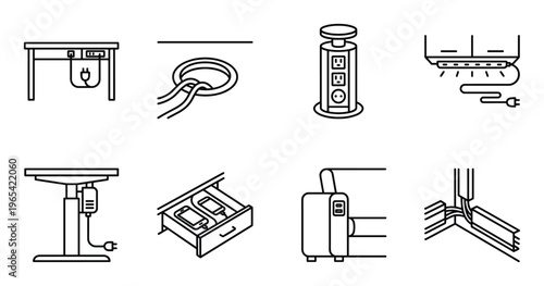 Outline icons of electrical outlets, power strips, and desk with charging stations