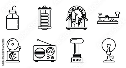 Outline icons of old electrical and communication devices on transparent background