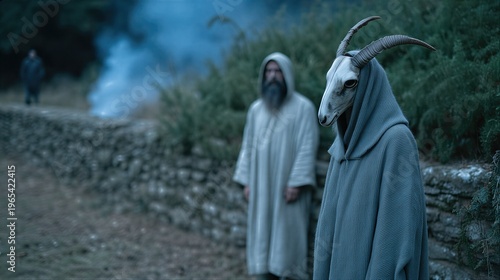 Man wearing goat skull mask and hooded cloak standing in field with bearded man. Occult ritual scene with mysterious figures in nature. Dark fantasy atmosphere for horror movie concept art.