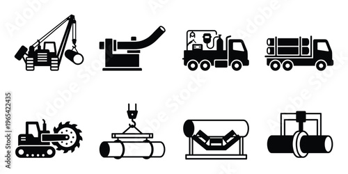 Pipeline construction and industrial pipe handling equipment icons with crawler crane and welding truck