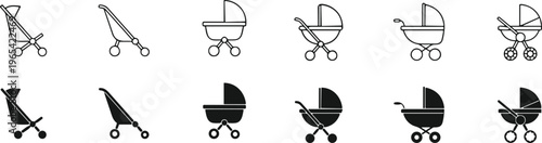 Baby carriage silhouette vector set. Babies stroller icons collection.
